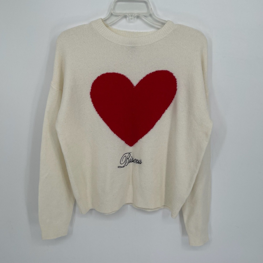 A New Day Women's Cream Red Heart Bisous Graphic Stretch Pullover Sweater Size S